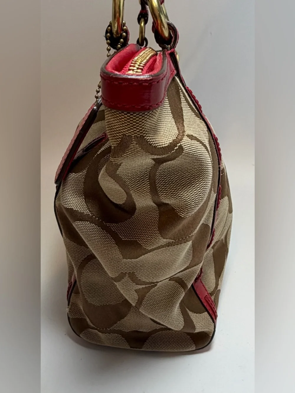 Coach Red Leather & Signature Print Tote with Plaid Interior #13005